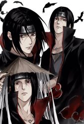 1boy akatsuki_uniform bird black_hair closed_mouth crow forehead_protector highres konohagakure_symbol looking_at_viewer multiple_views naruto_(series) parted_bangs red_eyes sharingan simple_background sso_s uchiha_itachi
