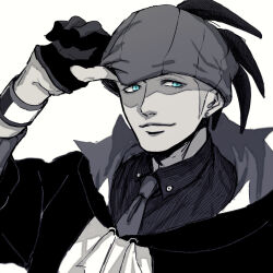 1boy aqua_eyes arm_up closed_mouth collared_shirt commentary_request drawstring dynamax_band ear_piercing earrings gloves highres hood hood_down hoodie jewelry long_sleeves looking_to_the_side male_focus necktie nintendo partially_fingerless_gloves partially_shaded_face piercing pokemon pokemon_swsh raihan_(pokemon) s3junk shirt short_hair sideburns sideways_glance smile solo spiked_hair spot_color upper_body