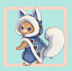 1other animal_ears animal_feet animal_hands animal_nose blue_background blue_cloak blue_eyes blue_pants cat_ears cat_tail cloak commentary digitigrade felyne fur-trimmed_cloak fur_trim furry highres hijiri_haku_osame hood hood_up looking_at_viewer monster_hunter:_world monster_hunter_(series) orange_fur other_focus pants pawpads simple_background solo tail whiskers