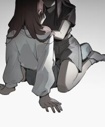 2girls akechi_(826988799) black_hair black_shirt closed_mouth gradient_background grey_background grey_shorts hand_on_another&#039;s_shoulder highres huh_yun-jin le_sserafim long_hair long_sleeves multiple_girls nakamura_kazuha real_life red_hair shirt short_sleeves shorts sitting sitting_on_lap sitting_on_person white_background white_shirt yuri