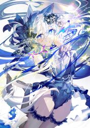 1girl absurdres animal_ears black_flower black_rose blue_eyes blue_leotard blue_sleeves book brown_thighhighs flower frilled_leotard frills hair_flower hair_ornament highres leotard looking_at_viewer negimapurinn open_book original parted_lips rose solo star_(symbol) thighhighs white_hair