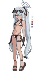 1girl bikini blue_archive breasts color_guide dark-skinned_female dark_skin eyewear_on_head grey_hair hair_over_one_eye halo highres iori_(blue_archive) iori_(swimsuit)_(blue_archive) long_hair pointy_ears qusouzu_mogari red_eyes simple_background small_breasts sunglasses swimsuit twintails white_background