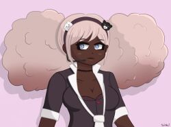 1girl afro afro_puffs artist_name bear_hair_ornament beta_design black_bra black_hairband black_headband black_headwear black_shirt blonde_hair blue_eyes blush bra breasts choker cleavage collarbone cut_content danganronpa_(series) danganronpa_another_episode:_ultra_despair_girls dark-skinned_female dark_skin female_focus hair_ornament hairband headband headset large_breasts long_hair looking_to_the_side microphone necktie pink_background polka_dot polka_dot_bra second_generation_enoshima_junko shirt short_sleeves signature simple_background soisauci solo twintails underwear white_necktie