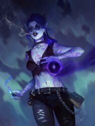1girl absurdres arm_tattoo belt black_belt black_choker black_pants black_shirt blue-tinted_eyewear blue_hair blue_skin bracelet breasts choker colored_skin crop_top earrings glasses highres holding holding_lighter jewelry kueshka lighter looking_at_viewer magic medium_breasts midriff navel pants pendant_choker pointy_ears round_eyewear shirt signature sleeveless sleeveless_shirt smoking solo tattoo tinted_eyewear torn_clothes torn_pants torn_shirt void_elf warcraft