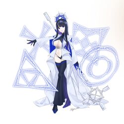 1girl black_gloves black_hair blue_hair breasts cleavage coat colored_inner_hair game_console gloves high_heels holding holding_staff humanization large_breasts lips long_hair looking_at_viewer miosaijo multicolored_hair navel open_clothes open_coat playstation_5 playstation_symbols solo sony staff standing underwear