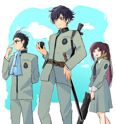 1girl 2boys absurdres black_hair closed_mouth fsmaichobpeg0 glasses grey_pants grey_shirt highres kirishima_eriko long_hair multiple_boys nanjou_kei open_mouth pants persona persona_1 ponytail shirt short_hair smile toudou_naoya