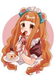 1girl animal_ears apron bear_ears blue_bow blush bow braid brown_dress brown_eyes brown_hair cake cake_slice commentary_request dress ear_bow food fork frilled_apron frills hair_bow highres holding holding_fork holding_plate ichihara_nina idolmaster idolmaster_cinderella_girls idolmaster_cinderella_girls_starlight_stage long_hair looking_at_viewer low_twintails maid maid_apron maid_headdress open_mouth pink_background pink_bow plate puffy_short_sleeves puffy_sleeves rino_cnc round_image short_sleeves solo thick_eyebrows twin_braids twintails two-tone_background very_long_hair white_apron white_background wrist_cuffs