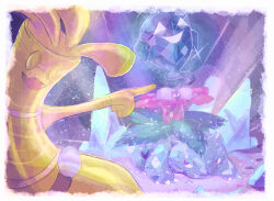 Rule 34 | 1other, border, bright pupils, claws, closed mouth, commentary, crystal, english commentary, fang, fangs, gen 1 pokemon, gholdengo, highres, light particles, nintendo, pointing, pokemon, pokemon (creature), pokemon tower ghost, red eyes, rock, signature, skin fang, terastallization, venusaur, venusaur-propaganda, white border, white pupils