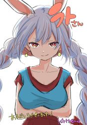 1girl animal_ear_fluff animal_ears arms_under_breasts blue_hair braid breasts brown_eyes cleavage commentary_request crossed_arms dragon_ball earrings fusion hair_between_eyes heterochromia highres hololive houshou_marine jewelry kiritoma looking_at_viewer medium_breasts multicolored_hair potara_earrings rabbit-shaped_pupils rabbit_ears red_eyes red_hair red_shirt red_skirt shirt short_sleeves signature simple_background skirt solo streaked_hair symbol-shaped_pupils translation_request twin_braids twintails upper_body usada_pekora white_background