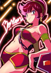 1girl benten_(urusei_yatsura) breasts green_eyes highres looking_at_viewer medium_breasts navel neon_lights nka_46 red_hair short_hair smile solo urusei_yatsura