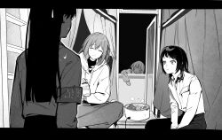 4girls absurdres armband bang_dream! bang_dream!_it&#039;s_mygo!!!!! cabbie_hat can chinese_commentary commentary_request cracy_logan eating greyscale hat highres holding holding_can hood hood_down hoodie hotpot indoors kaname_raana letterboxed long_hair long_sleeves medium_hair misumi_uika monochrome multiple_girls open_door shiina_taki shirt sweatdrop yahata_umiri
