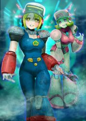Rule 34 | 2girls, battle damage, blonde hair, blue bodysuit, blue eyes, blurry, blurry background, bodysuit, breasts, corruption, dress, electricity, feet out of frame, full body, green eyes, highres, holding, holding wrench, kiwakiwa, medium breasts, mega man (series), mega man x: command mission, mega man x (series), multiple girls, pink dress, red pupils, short hair, standing, wrench