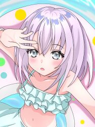 1girl bikini green_bikini green_eyes open_mouth purple_hair swimsuit water