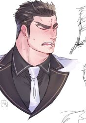 Rule 34 | 1boy, aizen (housamo), bara, black hair, closed eyes, collage, cropped torso, facial mark, facing away, forehead mark, forked eyebrows, formal clothes, h 27gm, highres, male focus, medium sideburns, muscular, muscular male, necktie, short hair, shy, suit, thick eyebrows, thick neck, tokyo houkago summoners