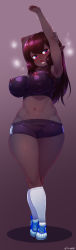 1girl arm_up armpits blush born-to-die breasts covered_erect_nipples crop_top female_focus full_body highres large_breasts long_hair looking_at_viewer midriff navel open_mouth pink_eyes pointy_ears red_hair seat shoes shorts solo standing teeth trembling white_legwear
