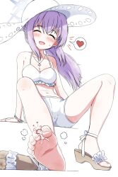 1girl atsuko_(blue_archive) atsuko_(swimsuit)_(blue_archive) bikini blue_archive blush bracelet breasts cameltoe closed_eyes commentary_request doodle_sensei_(blue_archive) feet foot_focus frilled_bikini frills giant giantess hair_between_eyes halo hat heart highres holding_with_feet jewelry knee_blush korean_commentary long_hair multiple_girls navel necklace official_alternate_costume open_mouth preesoul purple_hair sandals sensei_(blue_archive) single_bare_foot sitting smile soles speech_bubble spoken_heart sun_hat swimsuit thought_bubble toe_scrunch toenails wet white_bikini white_hat