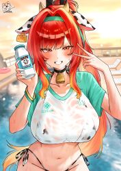 Rule 34 | 1girl, absurdres, animal ears, animal print, bell, bikini, bikini under clothes, black choker, blush, bottle, breasts, choker, cow ears, cow horns, cow print, cow print bikini, cowbell, goddess of victory: nikke, green hairband, grin, hairband, highres, holding, holding bottle, horns, ice bear, large breasts, long hair, looking at viewer, milk bottle, official alternate hair color, official alternate hairstyle, print bikini, rapi (nikke), rapi (red hood) (nikke), rapi (red hood) (red flavor) (nikke), red eyes, red hair, shirt, smile, solo, swimsuit, v, very long hair, wet, wet clothes, wet shirt
