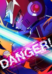1boy android armor blonde_hair blue_eyes chest_jewel corruption energy_sword evil_grin evil_smile fang forehead_jewel from_side glowing gradient_background grin guutara helmet highres holding holding_sword holding_weapon jewelry long_hair male_focus mega_man_(series) mega_man_x_(series) ponytail red_armor red_helmet robot robot_ears romaji_text shoulder_armor signature smile solo sword very_long_hair weapon z_saber zero_(mega_man)