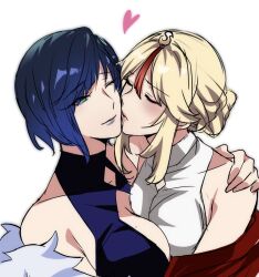 Rule 34 | aqua eyes, bare shoulders, black hair, blonde hair, blue dress, blue hair, blush, breasts, closed eyes, closed mouth, collarbone, diagonal bangs, dress, eyeshadow, fur trim, genshin impact, gradient hair, hair between eyes, hair bun, hair ornament, hand on another&#039;s shoulder, heart, highres, jacket, kiss, kissing cheek, large breasts, looking at another, makeup, mole, mole on breast, multicolored hair, ningguang (genshin impact), one eye closed, open clothes, open jacket, pink lips, purple eyeshadow, purple lips, red eyeshadow, red hair, red jacket, rio inukai, short hair, sidelocks, simple background, sleeveless, sleeveless dress, smile, streaked hair, upper body, white background, white dress, yelan (genshin impact), yuri
