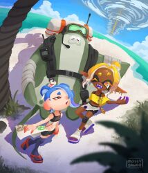 1boy 2girls beach big_man_(splatoon) big_man_(splatoon_raiders) blonde_hair blue_hair dark-skinned_female dark_skin eyeliner fangs from_above frye_(splatoon) frye_(splatoon_raiders) full_body goggles goggles_on_head hair_over_one_eye hurricane inkling island knee_pads looking_at_another looking_up makeup microphone mossydango multiple_girls nintendo ocean octoling one_eye_closed palm_tree pointy_ears red_eyes sandals shadow shiver_(splatoon) shiver_(splatoon_raiders) shorts smile splatoon_(series) splatoon_raiders tank_top tentacle_hair thighhighs tree typhoon walkie-talkie yellow_eyes