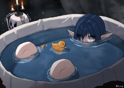 1girl absurdres bathing bathtub blue_eyes blue_hair candle commentary elf english_commentary eyes_visible_through_hair fire highres long_hair mawaridi mouth_submerged mouth_under_water original partially_submerged pointy_ears rubber_duck skeleton solo twitter_username water