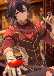 1boy bartender black_hair bow bowtie cocktail_glass cup drinking_glass eiyuu_densetsu hair_between_eyes highres holding holding_cup holding_jigger jigger kai_no_kiseki kuro_no_kiseki_(series) looking_at_viewer pov purple_eyes rean_schwarzer red_bow red_bowtie short_hair smile solo traditional_bowtie upper_body vest waistcoat willfin