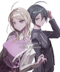 1boy 1girl ahoge akamatsu_kaede black_hair black_jacket blonde_hair breasts brown_eyes buttons collared_jacket collared_shirt commentary_request copyright_name crest danganronpa_(series) danganronpa_v3:_killing_harmony english_text eyelashes fortissimo hair_between_eyes hair_ornament highres jacket long_hair long_sleeves looking_at_viewer musical_note musical_note_hair_ornament musical_note_print necktie orange_necktie pants pink_sweater_vest pink_vest pinstripe_jacket pinstripe_pants pinstripe_pattern pleated_skirt ringed_eyes saihara_shuichi shirt short_hair simple_background skirt smile striped_clothes striped_jacket striped_pants sukizukiko sweater_vest upper_body vest white_background white_bag white_shirt
