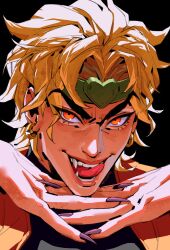 Rule 34 | 1boy, black background, black shirt, blonde hair, commentary, dio brando, earrings, english commentary, evil smile, fang, fangs, fingernails, green headband, haddockkkk, headband, heart ornament, highres, jacket, jewelry, jojo no kimyou na bouken, licking lips, long fingernails, looking at viewer, male focus, nail polish, open mouth, orange eyes, own hands together, purple nails, red eyes, sharp fingernails, shirt, smile, solo, stardust crusaders, teeth, tongue, tongue out, turtleneck, turtleneck shirt, vampire, yellow jacket