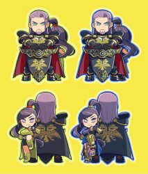 Rule 34 | 1boy, 1girl, aqua eyes, arm guards, armor, asymmetrical bangs, back-to-back, belt, black armor, black cape, black gloves, black shorts, black tank top, blue sash, boots, bracer, bustier, cape, chibi, china dress, chinese clothes, commentary request, dragon quest, dragon quest xi, dress, facial hair, fighting stance, fingerless gloves, gloves, gold bracer, gold greaves, greaves, green belt, green boots, green bustier, green eyes, greig (dq11), hair slicked back, high ponytail, holding, holding shield, knee up, knight, long hair, martina (dq11), mayuzumi, multiple persona, o-ring, o-ring top, official alternate costume, planted shield, ponytail, purple dress, purple eyes, purple facial hair, purple hair, red cape, sash, shield, shorts, smile, tank top, two-sided cape, two-sided fabric, yellow background