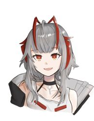 Rule 34 | 1girl, :d, ahoge, antenna hair, arknights, bare shoulders, bright pupils, collarbone, cropped shoulders, grey hair, highres, looking at viewer, medium hair, multicolored hair, off shoulder, open mouth, orange eyes, red hair, schontaku, simple background, sleeveless, smile, solo, streaked hair, w (arknights), white background, white pupils