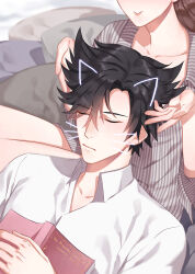 Rule 34 | 1boy, 1girl, :&gt;, black hair, book, closed mouth, collared shirt, drawn ears, drawn whiskers, grey shirt, han jumin, head out of frame, hetero, highres, lap pillow, necktie, open book, orange sekaii, protagonist (susanghan messenger), shirt, sleeping, striped clothes, striped shirt, susanghan messenger, the miraculous journey of edward tulane, white shirt