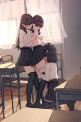3girls absurdres benevole black_hair black_skirt black_thighhighs blush breasts brown_hair classroom closed_eyes clothes_lift commentary_request cunnilingus curtains day desk fff_threesome grabbing_another&#039;s_breast groping group_sex head_under_skirt highres indoors kneeling long_hair medium_hair multiple_girls navel nipples oral original panties panty_pull parted_lips pleated_skirt purple_eyes pussy_juice school_desk school_uniform shirt shirt_lift skirt small_breasts smile thighhighs threesome underwear white_shirt window yuri