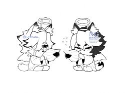 2boys angel_wings animal_ears artist_name bandaid bandaid_on_knee bandaid_on_leg blush chibi closed_eyes colored_tips conch fake_halo flying_sweatdrops furry furry_male halo highres komano_manato male_focus monochrome multicolored_hair multiple_boys sitting von_lycaon wings wodon_(neotidon) wolf_boy wolf_ears zenless_zone_zero