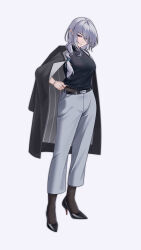 1girl absurdres alter_kamerade arknights belt black_belt black_coat black_pantyhose black_shirt black_shoes chinese_commentary coat coat_on_shoulders commentary_request eyes_visible_through_hair full_body gladiia_(arknights) grey_background grey_hair grey_pants hair_over_one_eye high_heels highres long_hair pants pantyhose parted_lips partial_commentary pointy_ears red_eyes shirt shoes simple_background solo standing turtleneck turtleneck_shirt wristband