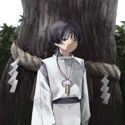 1boy arms_at_sides black_eyes black_hair bush closed_mouth clothing_cutout expressionless eyeliner eyeshadow feathers genshin_impact grey_sky highres japanese_clothes kariginu kimono layered_sleeves long_sleeves looking_at_viewer makeup male_focus outdoors pom_pom_(clothes) purple_kimono purple_sash purple_sleeves red_eyeliner red_eyeshadow rope sash scaramouche_(genshin_impact) scaramouche_(kabukimono)_(genshin_impact) shimenawa shoulder_cutout sky solo string tree ugokituzukeru upper_body wispy_bangs yellow_feathers