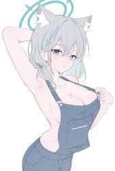 1girl absurdres animal_ear_fluff animal_ears arm_behind_head armpits blue_archive blue_halo blue_overalls blush breasts bright_pupils cleavage collarbone cross_hair_ornament grey_hair hair_ornament halo highres looking_at_viewer medium_breasts medium_hair mismatched_pupils naked_overalls overalls parted_lips rable shiroko_(blue_archive) simple_background solo white_background white_pupils