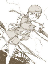backpack bag braid death epaulettes gun highres holding holding_weapon kageng military military_uniform monochrome original soldier solo sword thighhighs turn_pale war weapon