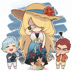 1girl 2boys alternate_costume black_shirt blonde_hair blue_hair blue_sarong brown_hat chibi chibi_only closed_eyes crop_top cynthia_(pokemon) cynthia_(summer_2025)_(pokemon) facepalm flower food food_on_clothes full_body hair_over_one_eye hat hat_flower holding holding_wallet ice_cream ice_cream_cone ice_cream_cone_spill komoten_(yuigadokusontei) lance_(pokemon) long_hair midriff multiple_boys nintendo official_alternate_costume open_clothes open_mouth open_shirt orange_shirt pokemon pokemon_hgss pokemon_masters_ex red_flower red_hair sarong shaved_ice shirt short_hair shorts steven_stone steven_stone_(summer_2020) sun_hat sweat sweatdrop very_long_hair wallet white_shorts yellow_shorts