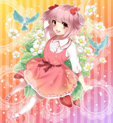 Rule 34 | 1boy, akagi kurage, bow, crossdressing, crossdressing (mtf), dress, food, fruit, highres, jumper, long sleeves, male focus, mary janes, pink hair, red dress, red eyes, red shoes, shirt, shoes, short hair, smile, solo, strawberry, thighhighs, trap, white shirt, white thighhighs