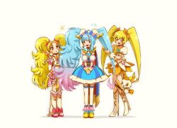 3girls blonde_hair blue_hair boots cure_sky cure_sunshine full_body futari_wa_precure futari_wa_precure_max_heart heartcatch_precure! high_heel_boots high_heels hirogaru_sky!_precure kujou_hikari long_hair midriff multiple_girls myoudouin_itsuki navel open_mouth pink_shoes precure puffy_short_sleeves puffy_sleeves shiny_luminous shoes short_sleeves simple_background smile sora_harewataru twintails white_background white_boots yellow_shoes yuu13