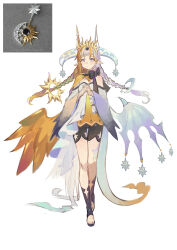 1girl absurdres asymmetrical_wings black_boots black_ribbon black_shorts boots braid breasts clothing_cutout crescent crescent_hair_ornament dragon_wings dress feathered_wings floating_hair full_body gradient_tail grey_dress grey_eyes grey_hair grey_tail grey_wings hair_ornament highres horns mismatched_wings multicolored_hair neck_ribbon open-toe_boots orange_dress orange_hair orange_wings original own_hands_together pointy_ears ribbon short_dress shorts simple_background single_bare_shoulder small_breasts solo split-color_hair standing star_cutout straight-on strapless strapless_dress streaked_hair sun_hair_ornament tail tiara toga_(toganawa) twin_braids two-tone_hair unfinished walking white_background white_dress wings