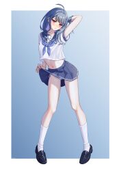 1girl absurdres ahoge arm_behind_head blue_background blue_hair blue_neckerchief blush braid clothes_lift earrings full_body gradient_background highres jewelry koshimizu_toru lifting_own_clothes linea_alba loafers long_hair looking_at_viewer midriff mole mole_under_eye navel neckerchief nijisanji panties panty_peek purple_eyes satera_23 school_uniform serafuku shoes side_braid single_earring skirt skirt_lift solo striped_clothes striped_panties underwear upskirt virtual_youtuber
