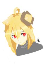 1girl ahoge animal_ears blonde_hair box box_hair_ornament cardboard cardboard_box closed_mouth danbooru-tan danbooru_(site) fox_ears fox_girl hair_between_eyes kuruma_(artist) long_hair long_sleeves looking_at_viewer red_eyes self-upload signature simple_background solo sweater turtleneck turtleneck_sweater twintails upper_body white_background