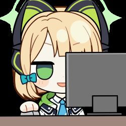 Rule 34 | 1girl, :d, animal ear headphones, animal ears, animated, animated gif, aqua necktie, blonde hair, blood, blood from mouth, blue archive, blunt bangs, blunt ends, blush stickers, bow, cat ear headphones, cat ears, chibi, chibi only, chunye haruya, collared shirt, commission, computer, computer mouse, desk, dot nose, fake animal ears, green bow, green eyes, green halo, green jacket, hair bow, halo, headphones, holding computer mouse, hood, hooded jacket, jacket, low-tied sidelocks, lowres, medium hair, midori (blue archive), missing commentary, monitor, necktie, no pupils, open clothes, open jacket, open mouth, parted bangs, school uniform, second-party source, shaded face, shirt, sidelocks, simple background, smile, solo, transparent background, upper body, v-shaped eyebrows, white shirt