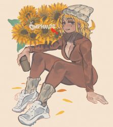 1girl absurdres baroque_(keziedra) beanie blonde_hair bodysuit breasts brown_bodysuit brown_jumpsuit cleavage cup eyelashes flower full_body half-closed_eyes hat highres holding holding_cup jumpsuit keziedra looking_at_viewer mark_under_both_eyes marking_on_cheek medium_hair mole mole_on_cheek mole_under_each_eye mole_under_eye multiple_moles original partially_unzipped shoes sitting smile sneakers solo sunflower white_hat white_shoes yellow_flower