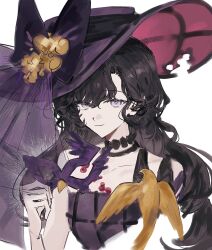 1girl black_choker black_hair bow choker closed_mouth dress hand_up hat hat_bow highres holding holding_mask isolde_(reverse:1999) long_hair looking_at_viewer mask masquerade_mask official_alternate_costume purple_bow purple_dress purple_eyes purple_hat purple_mask rang_wo_zai_shui_10_fenzhong reverse:1999 smile solo strapless strapless_dress unworn_mask upper_body white_background