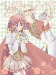 Rule 34 | 1boy, 1girl, armor, blonde hair, blush, bow, breastplate, cake, cape, checkered background, circlet, closed eyes, coat, commentary request, cowboy shot, dated commentary, food, fruit, gold trim, green background, hair bow, headpat, hetero, high priest (ragnarok online), holding, holding cake, holding food, kissing head, long sleeves, lord knight (ragnarok online), miniskirt, multicolored coat, open mouth, pauldrons, pink hair, pink skirt, pleated skirt, purple bow, purple eyes, ragnarok online, red cape, red coat, sharari, short hair, shoulder armor, skirt, smile, strawberry, two-tone coat