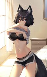1girl absurdres animal_ears bed black_bra black_hair black_panties black_shorts bra breasts brown_eyes chestnut_mouth cleavage commission cowboy_shot curtains drawer female_focus fox_ears fox_girl fox_tail grey_shirt highres indoors ku-ini large_breasts lingerie looking_at_viewer navel open_mouth original panties shirt short_hair short_shorts short_sleeves shorts solo standing stomach tail thighs underwear undressing watermark window
