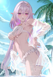 1girl bikini blue_sky breasts castorice_(honkai:_star_rail) commentary_request flower hair_flower hair_ornament highres honkai:_star_rail honkai_(series) long_hair medium_breasts navel oiro_ik open_mouth outdoors palm_tree partially_submerged pointy_ears purple_eyes purple_hair see-through_clothes sky solo stomach swimsuit thighs tree white_bikini