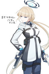 Rule 34 | 1girl, belt, blonde hair, blue archive, blue eyes, bodysuit, commentary request, dual persona, gun, handgun, highres, holding, holding gun, holding weapon, hood, hoodie, mola (mola526), ponytail, pouch, solo, toki (blue archive), translation request, weapon